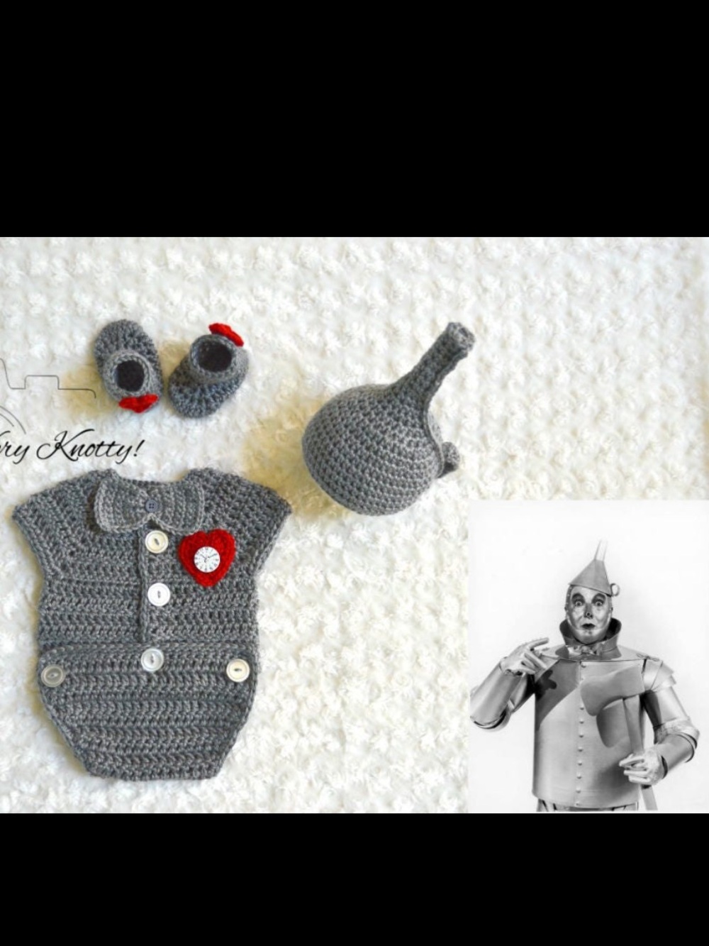 handmade crochet Wizard of Oz Tin Man hat, bodysuit, and booties costume set